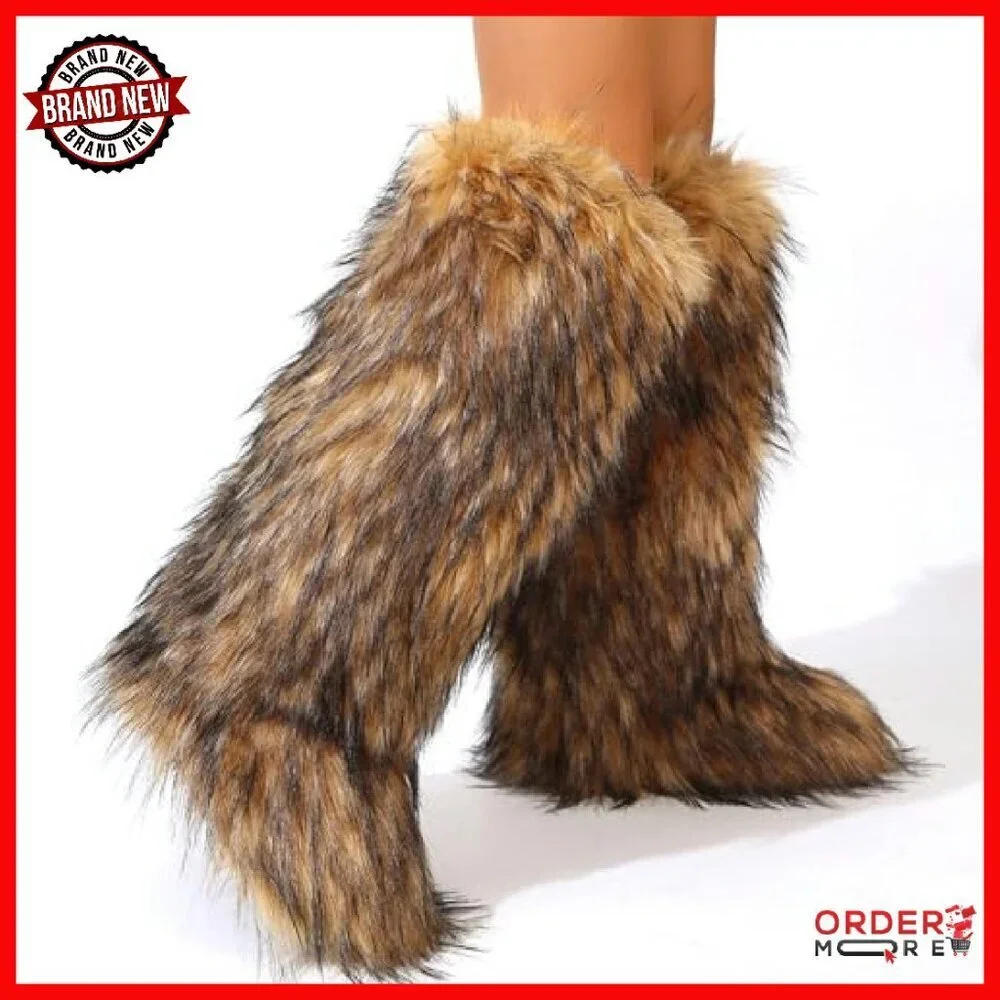 Women's Knee High Faux Fur Boots Winter Snow Flat Warm Fluffy